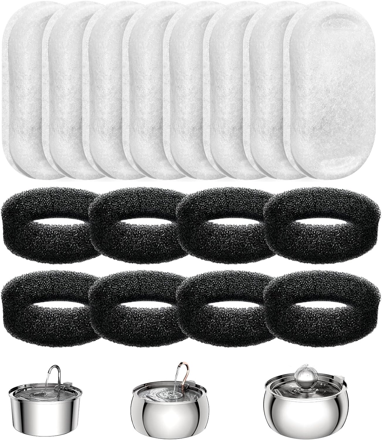 Tomxcute 8 Packs Filters & 8 Sponges Foam Filters for 108oz/3.2L and 135oz/4.0L Adjustable Water Flow Pet Water Fountain